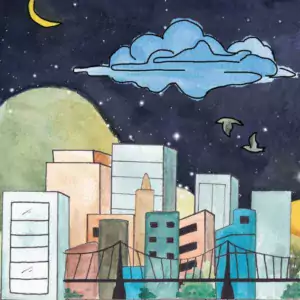 Colorful drawing of buildings and the night sky