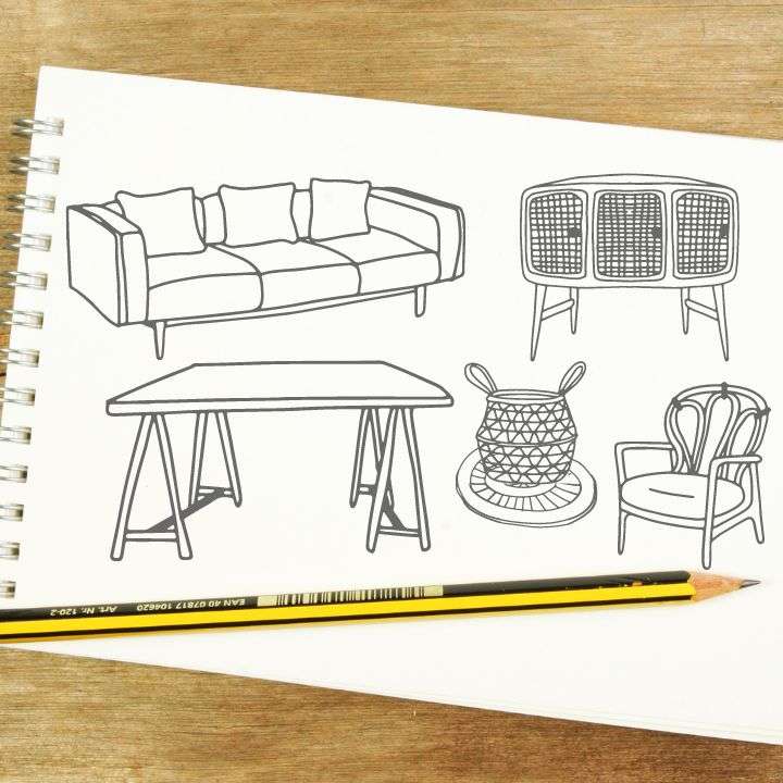 Beautiful Sketches of furniture like couches, table, tv rack, and more