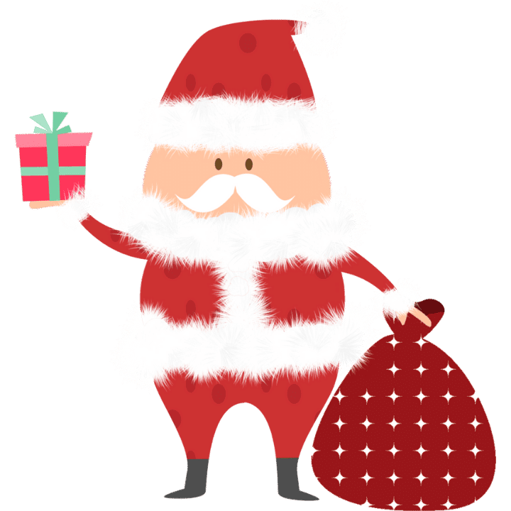 Cartoon santa holding a present and bag