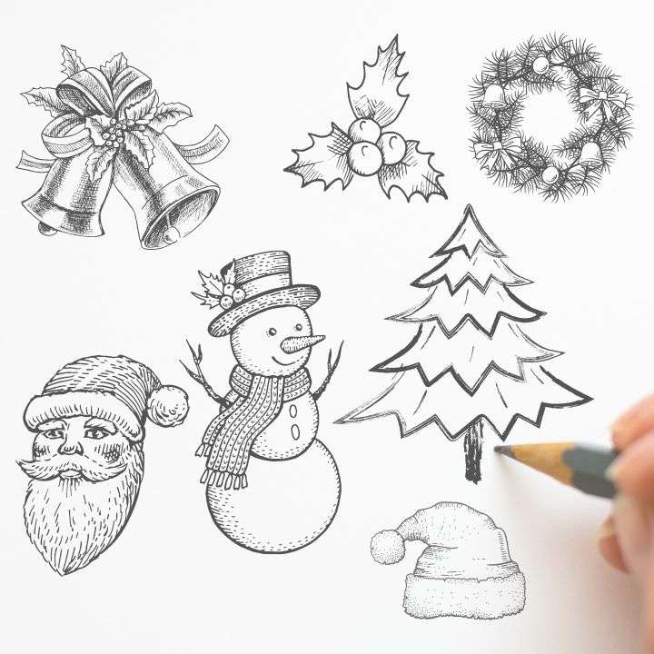 Cute holiday items to draw like christmas trees, bells, santa, hat, snowman