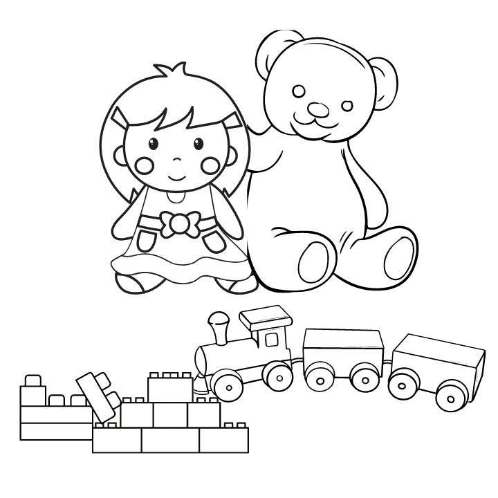 Different toy sketches like doll, teddy bear, Lego blocks, and toy trains