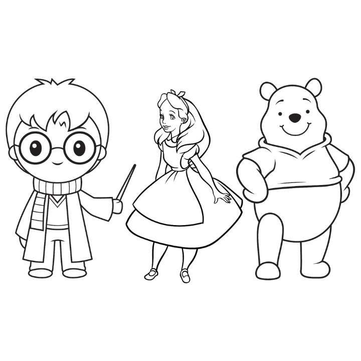 Drawings of Harry Potter, Alice in Wonderland, and Winnie the Pooh from iHeartCraftyThings