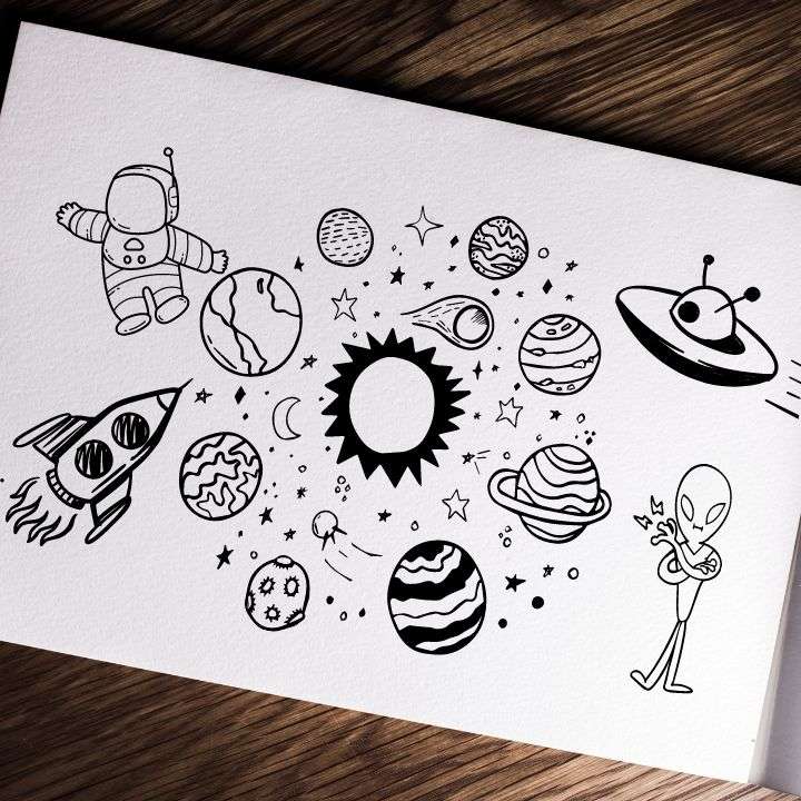 Drawings of space objects like astronaut, spacecraft, plants, and UFOs