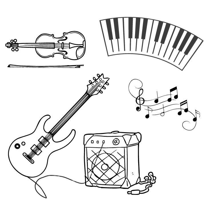 Drawings of various instruments like violin, guitar, and piano keys