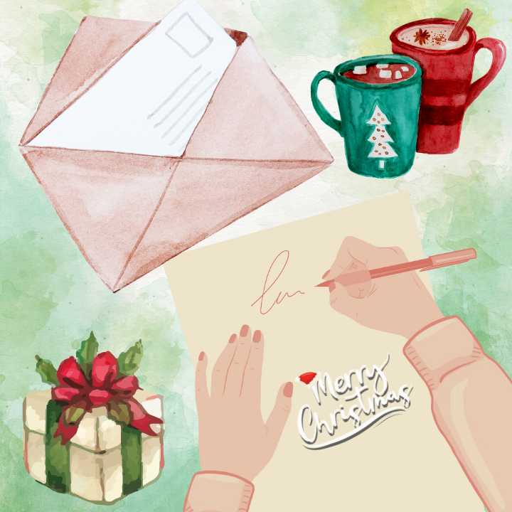 A person writing a letter surrounded by mail, holiday hot drinks, and a gift