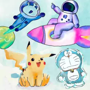 Easy drawings of pikachu, doraemon, an alien and a spaceship