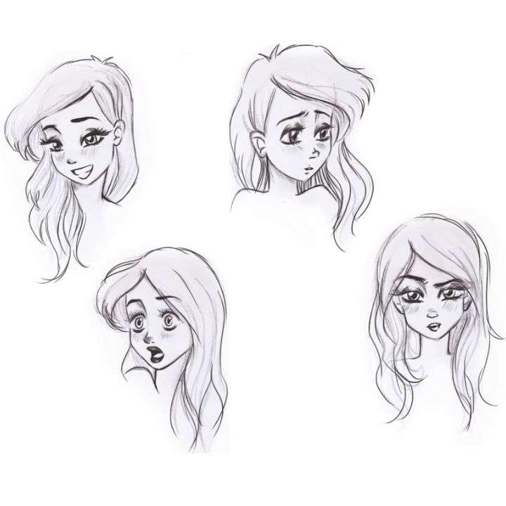 Four different drawings of facial expressions by Debby Arts