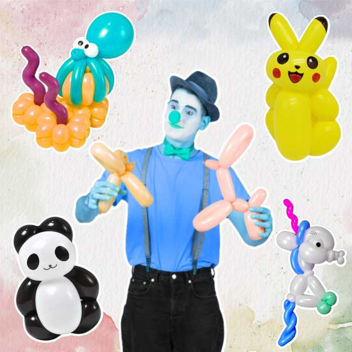 A mime holding animal balloons and surrounded by pikachu and panda balloons