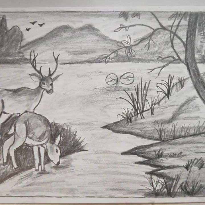 Nature drawing with deer, birds, trees, lake and mountain by Golden arts academy