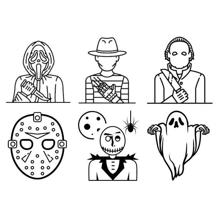 Simple drawings of horror characters. Top images from MonsterPost