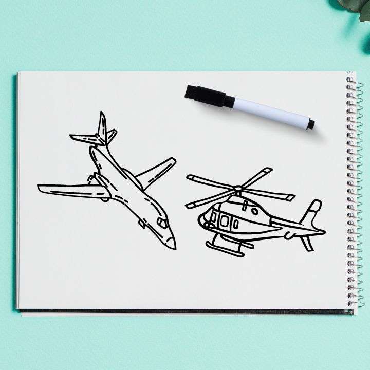 Thick sketches of airplane and helicopter on a sketchpad