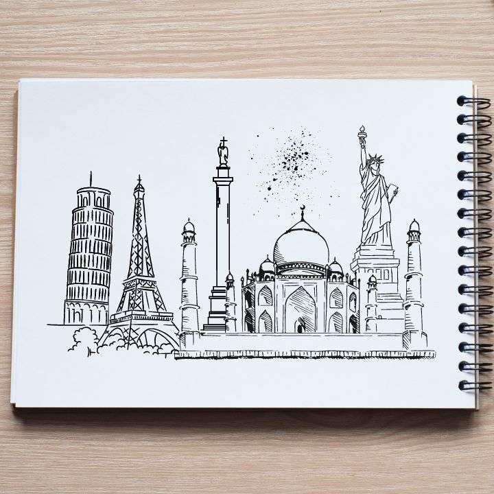 Various sketches of tourist spots like Eifel Towel, Leaning Tower of Pisa, Taj Mahal, Statue of Liberty, and more