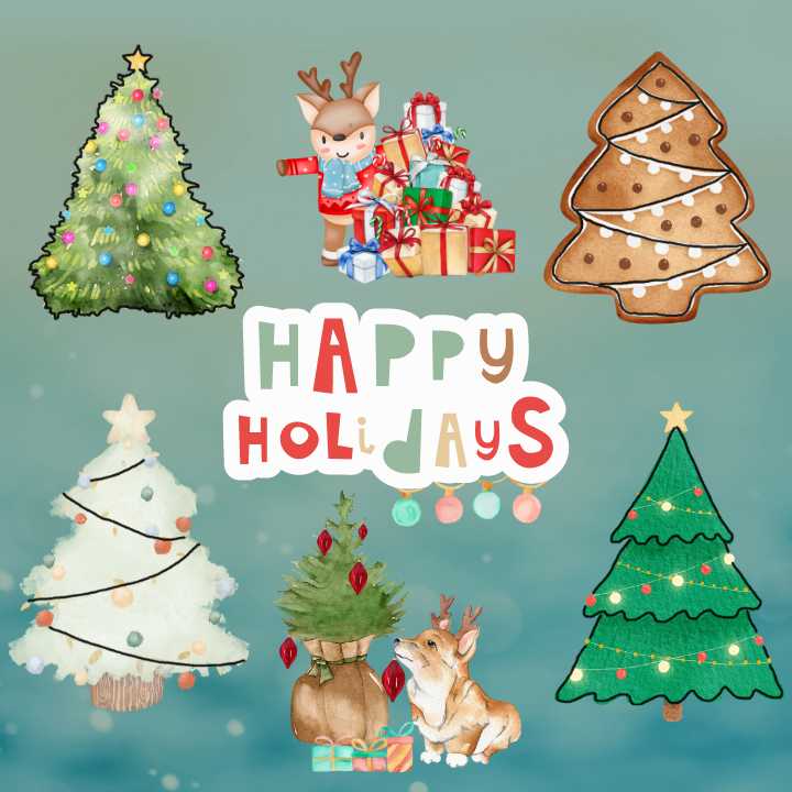 Green, Brown and White Christmas Tree Illustration with deer, gifts, corgi