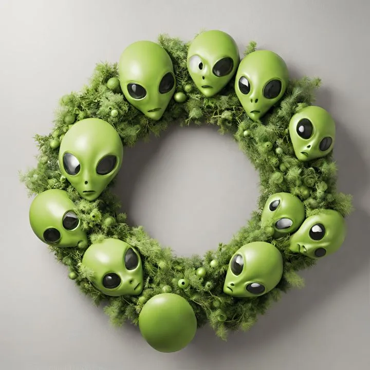 A green Alien Invasion Wreath decorated with green alien heads