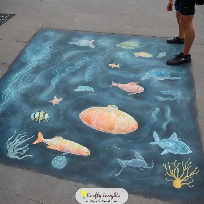 underwater world with chalk art featuring submarines, divers, and sea creatures