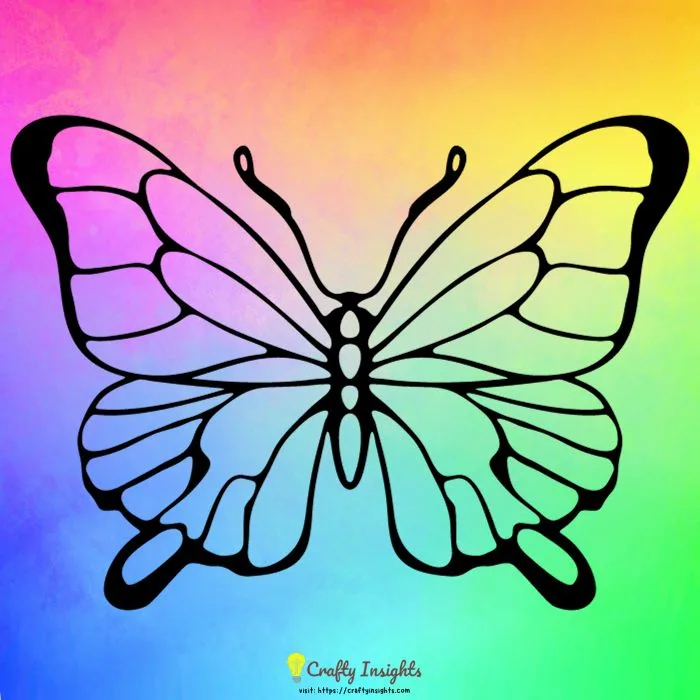 A silhouette butterfly drawing on a rainbow background
