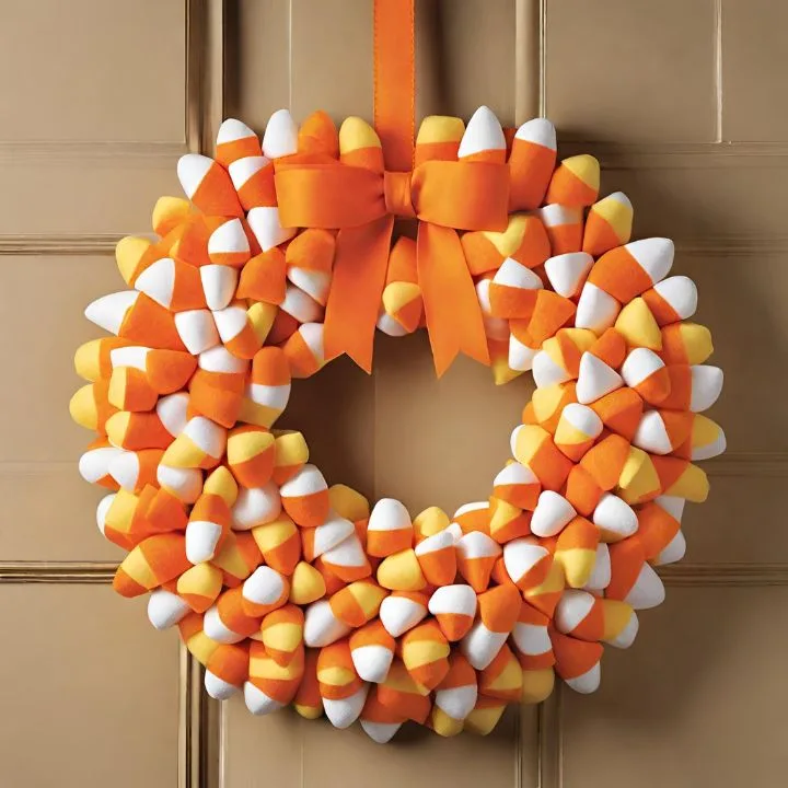 Candy Corn Wreath decorated with candy corn made with foam