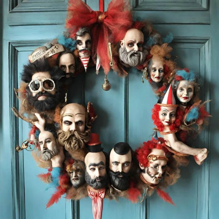 Spooky Carnival Freak Show Wreath with creepy carnival doll heads