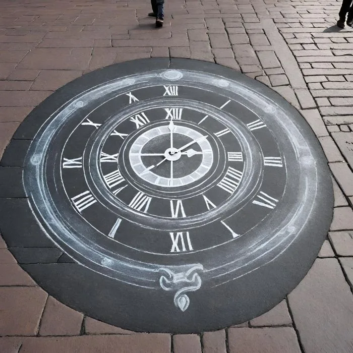 A drawing of giant clock using chalk with hands that allow you to change the time