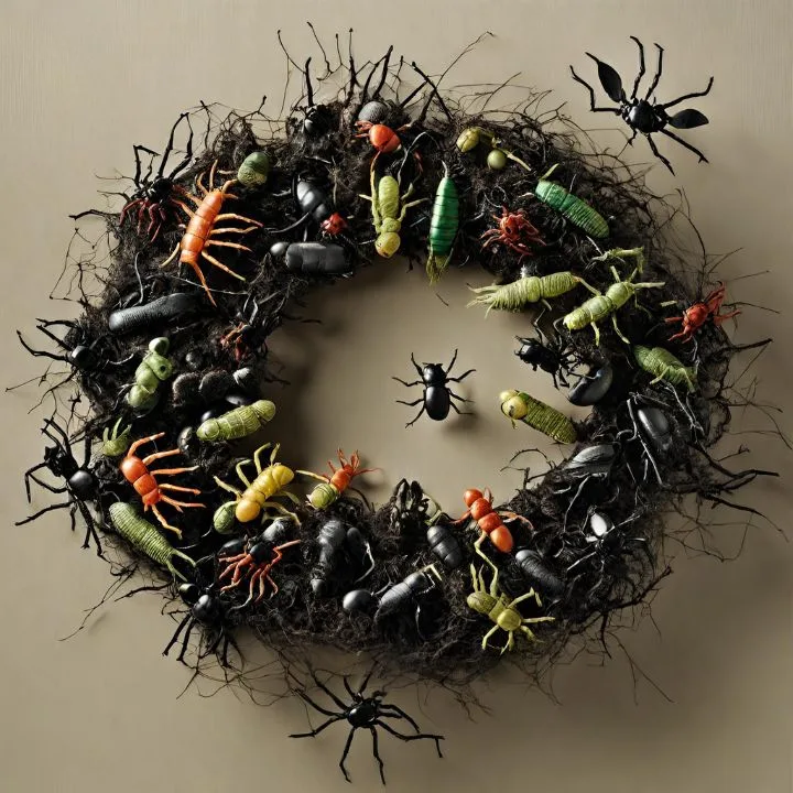 A wreath decorate with realistic-looking plastic insects like spiders, centipedes, and beetles