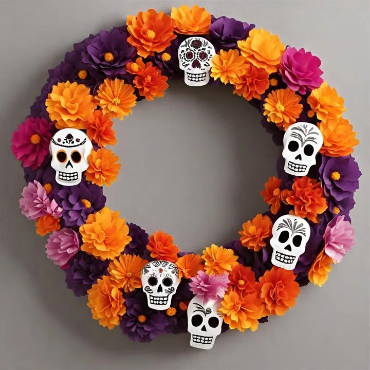 A wreath made with colorful paper marigolds with cut out skulls inspire of Dia de los Muertos