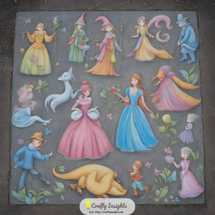 fairytale characters like Cinderella, Snow White, or Peter Pan using chalk