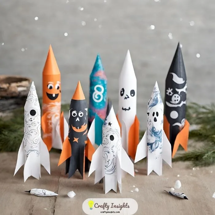 paper rockets with ghostly designs