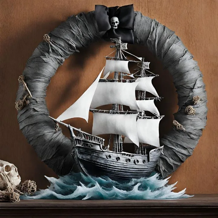 An indoor Wreath featuring a miniature pirate ship on a stormy sea