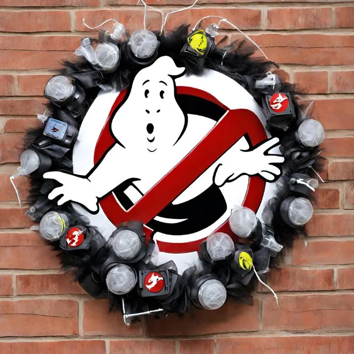 A Ghostbusters themed wreath featuring the iconic "No Ghost" logo