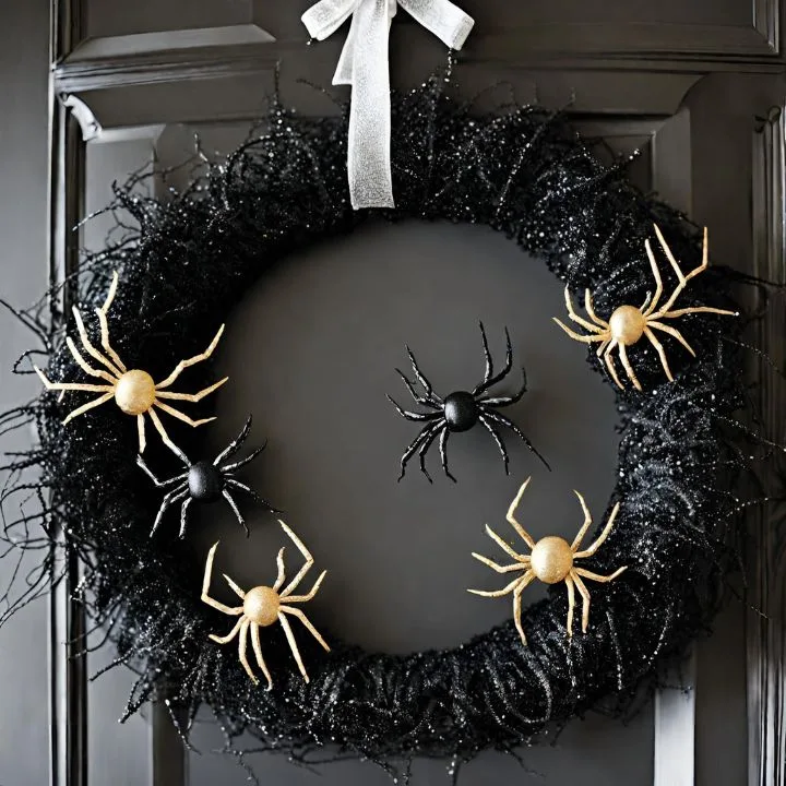 Spray paint a wreath form black and add sparkly silver or gold spiders