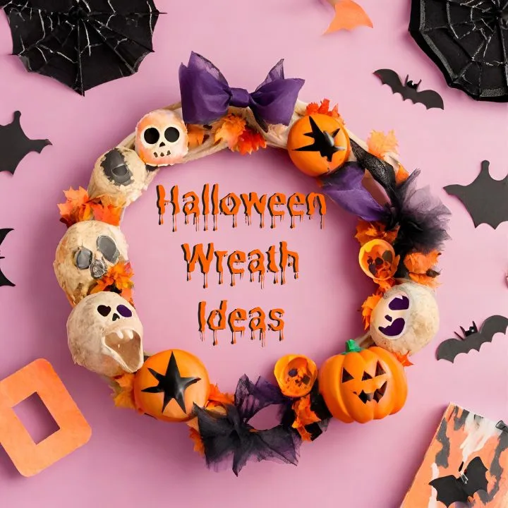 Various Halloween wreaths on a watercolor-themed background