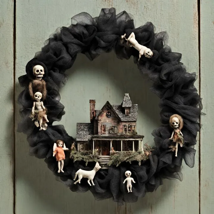 Haunted House Wreath with creepy maniatures