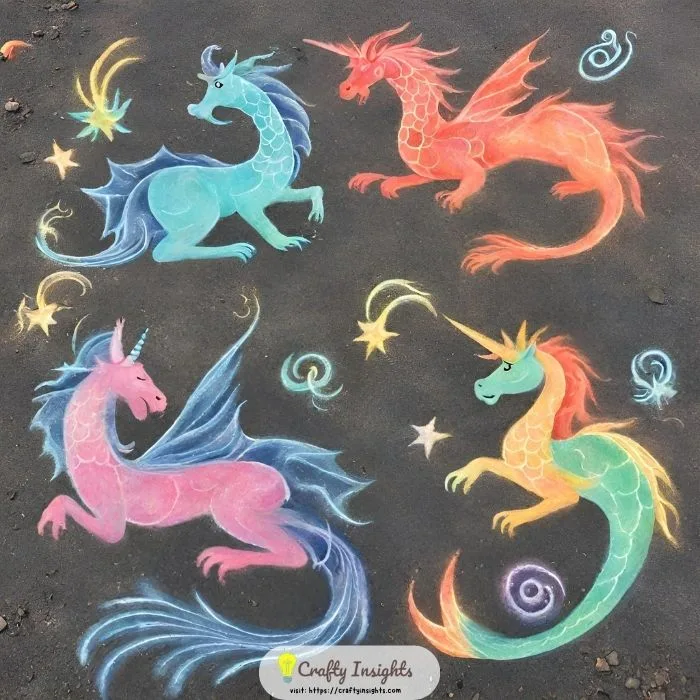 chalk art that brings mythical creatures like dragons, unicorns, and mermaids to life