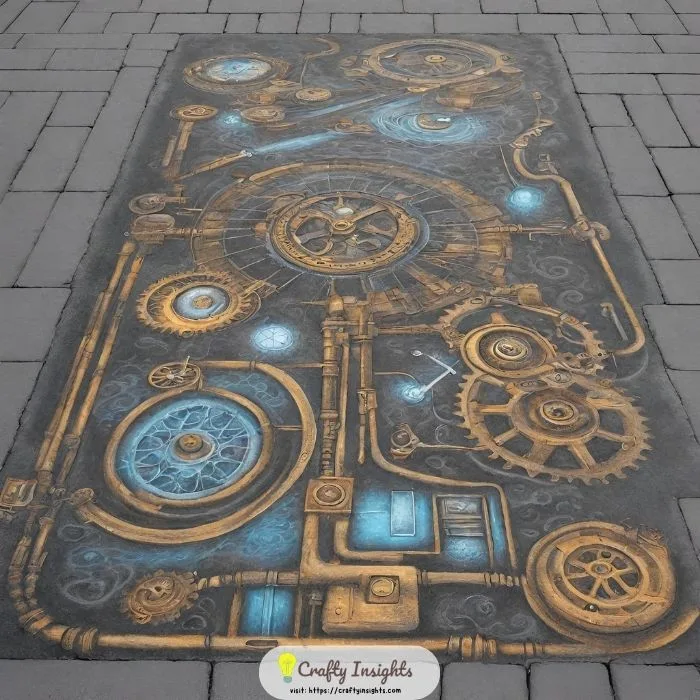 world of steampunk by sketching elaborate machines and gears through chalk