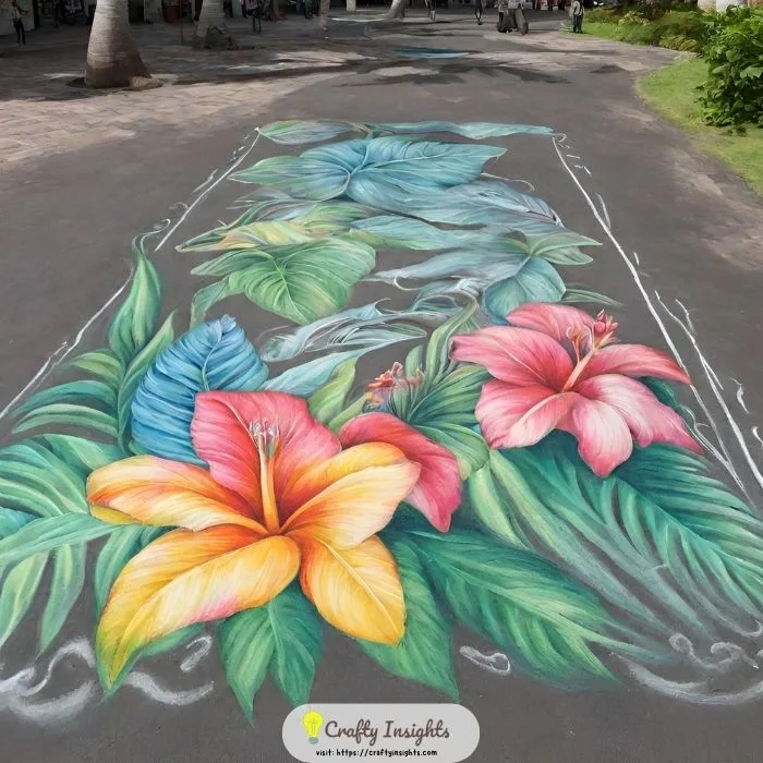 tropical beach scene with palm trees, sunsets, and a hammock chalk art ideas