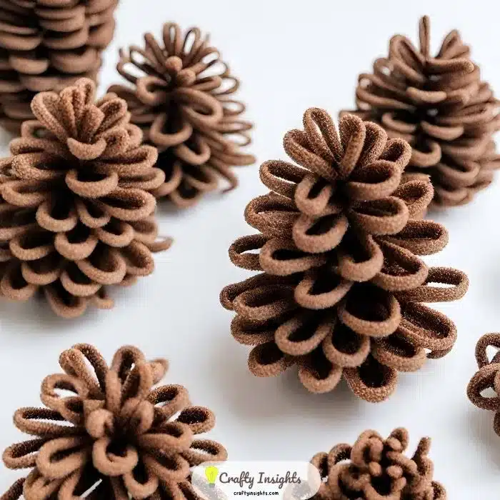 wrapping brown pipe cleaners around pinecone shapes
