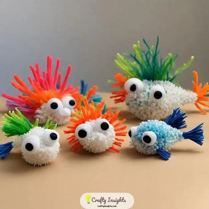 creating pufferfish sculptures with puffy, textured bodies using pipe cleaners