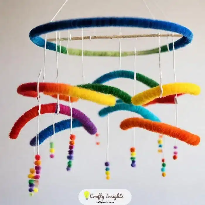 vibrant rainbow mobile made by hanging colorful pipe cleaner