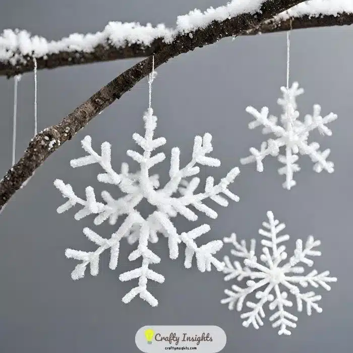 crafting intricate snowflakes with white and silver pipe cleaners