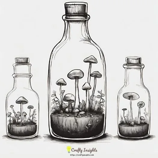 mushroom bottle drawing shows a bottle garden filled with mushrooms