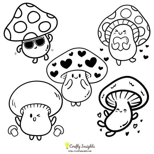 mushrooms drawings that are transformed into characters with distinct features and expressions