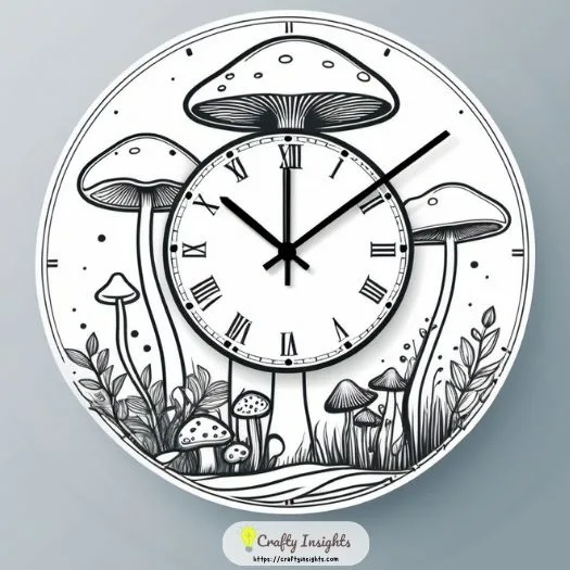 mushroom clock drawing features a whimsical clock with mushroom-shaped elements