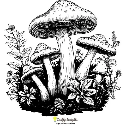 mushroom garden drawing features a lush garden filled with mushrooms