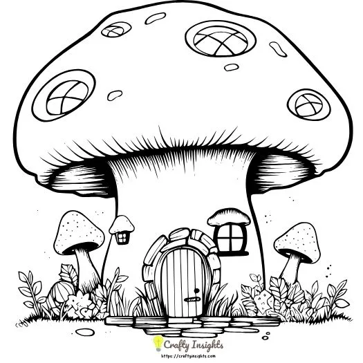 mushroom house drawing features a charming dwelling made from a giant mushroom
