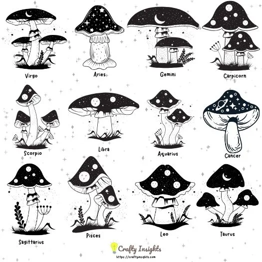 mushroom zodiac drawing features mushrooms arranged in the shape of the zodiac signs