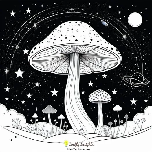 mushroom in space drawing depicts a mushroom floating in outer space
