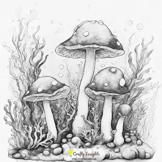 mushroom drawing shows mushrooms growing in an underwater environment