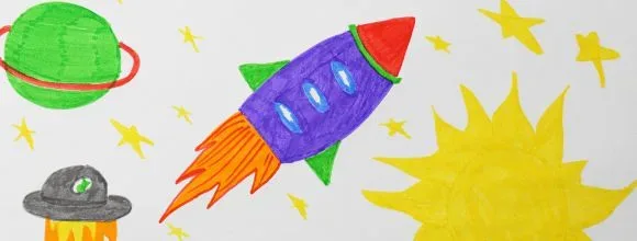 Drawing of planets, rocketship, and stars