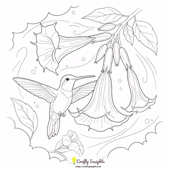 Hummingbird Hovering Near a Trumpet Flower