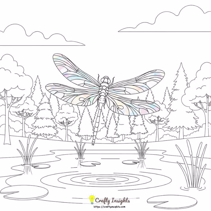 Iridescent Dragonfly Hovering Over a Pond